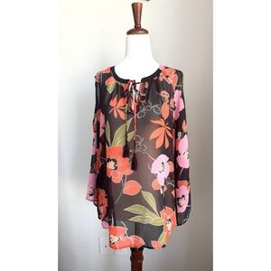 Black Rainn Black Orange Pink Floral Women's Transparent Top Fits S-M